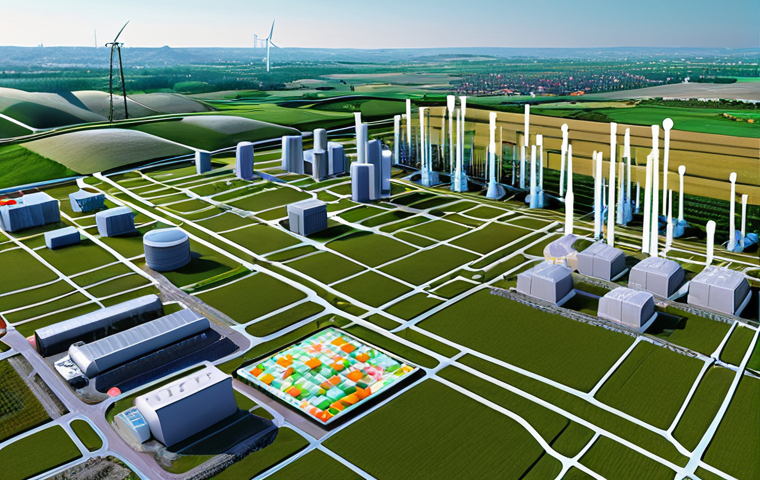 **
A vibrant, interconnected network of sensors (IoT) spread across a cityscape, industrial complex, and farmland. Data streams flow from these sensors to a central digital screen displaying real-time data visualizations (graphs, charts, maps). Focus on the sense of connectivity and data flow.
**