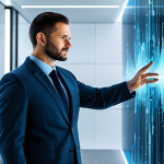 A professional man in a modest business suit, standing in a sleek, futuristic high-tech office. He is looking at and interacting with a transparent holographic display that visualizes abstract data streams and personalized insights, subtly hinting at a digital twin concept. The environment features soft, glowing ambient lights and clean architectural lines, evoking innovation and efficiency. The image should convey a sense of intelligent, forward-looking technology. fully clothed, modest clothing, appropriate attire, professional dress, safe for work, appropriate content, professional, perfect anatomy, correct proportions, natural pose, well-formed hands, proper finger count, natural body proportions, professional photography, high quality.