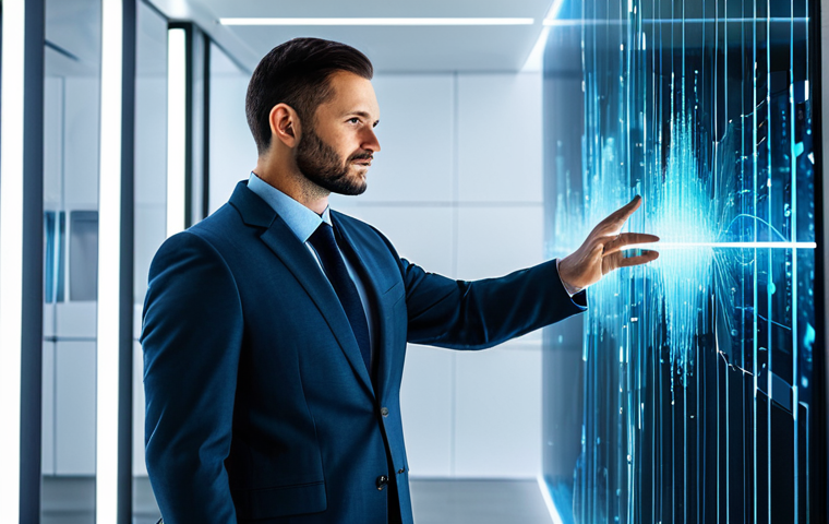 A professional man in a modest business suit, standing in a sleek, futuristic high-tech office. He is looking at and interacting with a transparent holographic display that visualizes abstract data streams and personalized insights, subtly hinting at a digital twin concept. The environment features soft, glowing ambient lights and clean architectural lines, evoking innovation and efficiency. The image should convey a sense of intelligent, forward-looking technology. fully clothed, modest clothing, appropriate attire, professional dress, safe for work, appropriate content, professional, perfect anatomy, correct proportions, natural pose, well-formed hands, proper finger count, natural body proportions, professional photography, high quality.