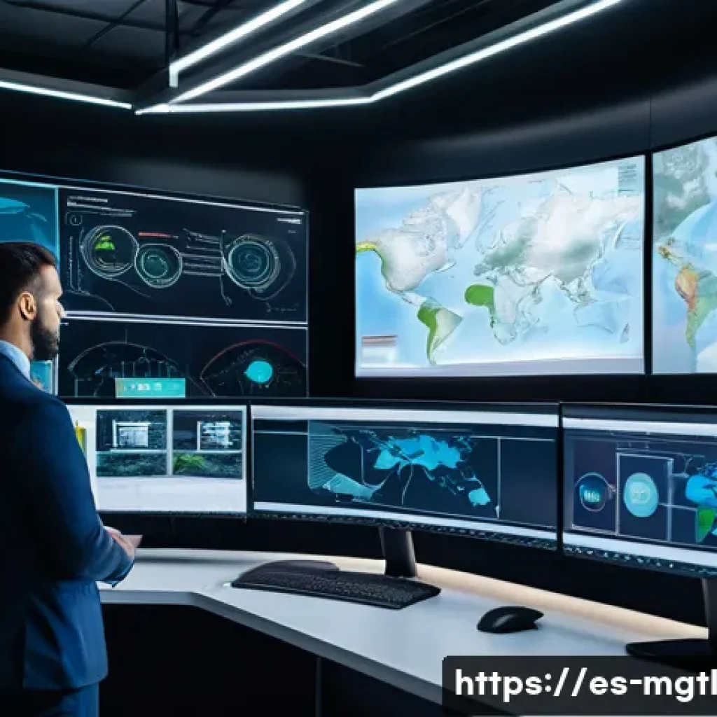 산업 분야별 디지털 트윈 적용 사례 - A futuristic logistics control room in a Spanish industrial setting, featuring a large transparent d...