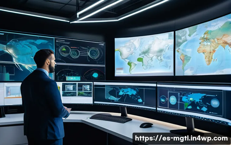 산업 분야별 디지털 트윈 적용 사례 - A futuristic logistics control room in a Spanish industrial setting, featuring a large transparent d...