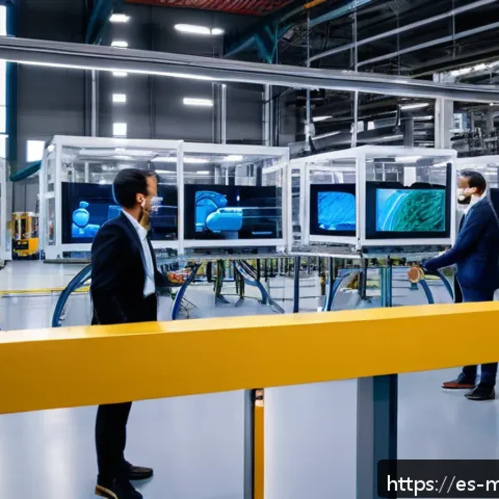 디지털 트윈의 산업별 비용 절감 효과 - A high-tech industrial factory floor showing a digital twin simulation in progress on large transpar...