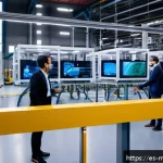 디지털 트윈의 산업별 비용 절감 효과 - A high-tech industrial factory floor showing a digital twin simulation in progress on large transpar...