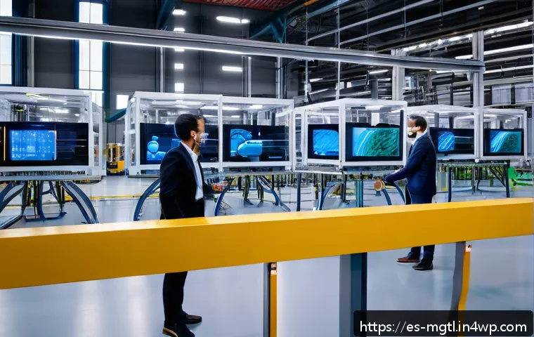 디지털 트윈의 산업별 비용 절감 효과 - A high-tech industrial factory floor showing a digital twin simulation in progress on large transpar...