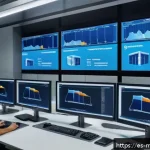 Home 23 디지털 트윈과 인공지능의 결합 사례 - A high-tech industrial plant control room featuring large digital screens displaying advanced virtua...