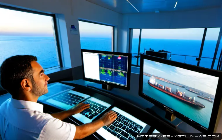디지털 트윈의 사용 사례  해양 산업 - Photorealistic wide-angle view inside a modern maritime operations center in coastal Spain, a Spanis...