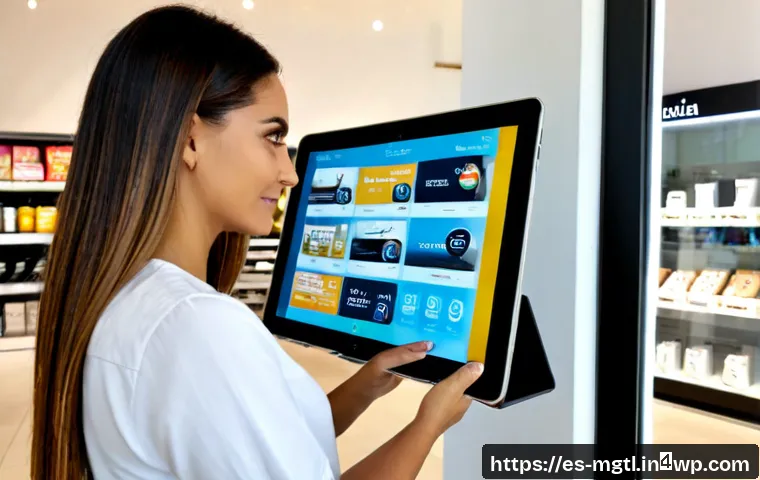 Home 17 디지털 트윈을 이용한 고객 경험 개선 - Photorealistic modern Spanish retail store, an adult customer wearing casual clothing uses a sleek t...