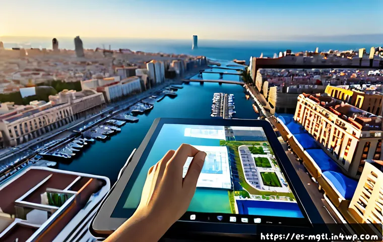 Home 17 디지털 트윈의 글로벌 트렌드 분석 - Photorealistic smart city digital twin concept in Barcelona, Spain, elevated view of a modern waterf...