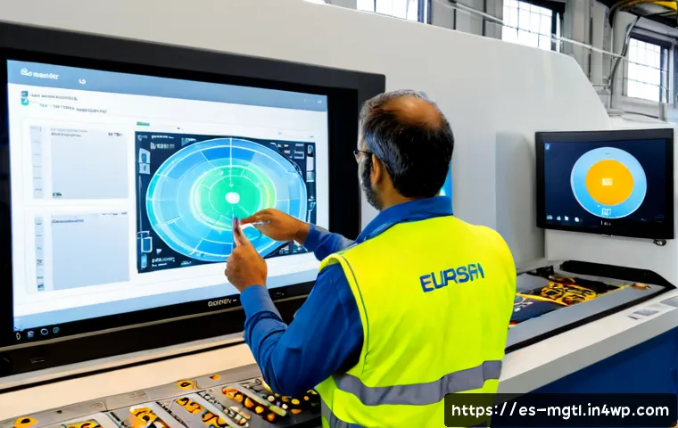 디지털 트윈 기술의 채택 장벽과 극복 방법 - Photorealistic Spanish manufacturing facility, experienced engineers in safety vests examining an ol...